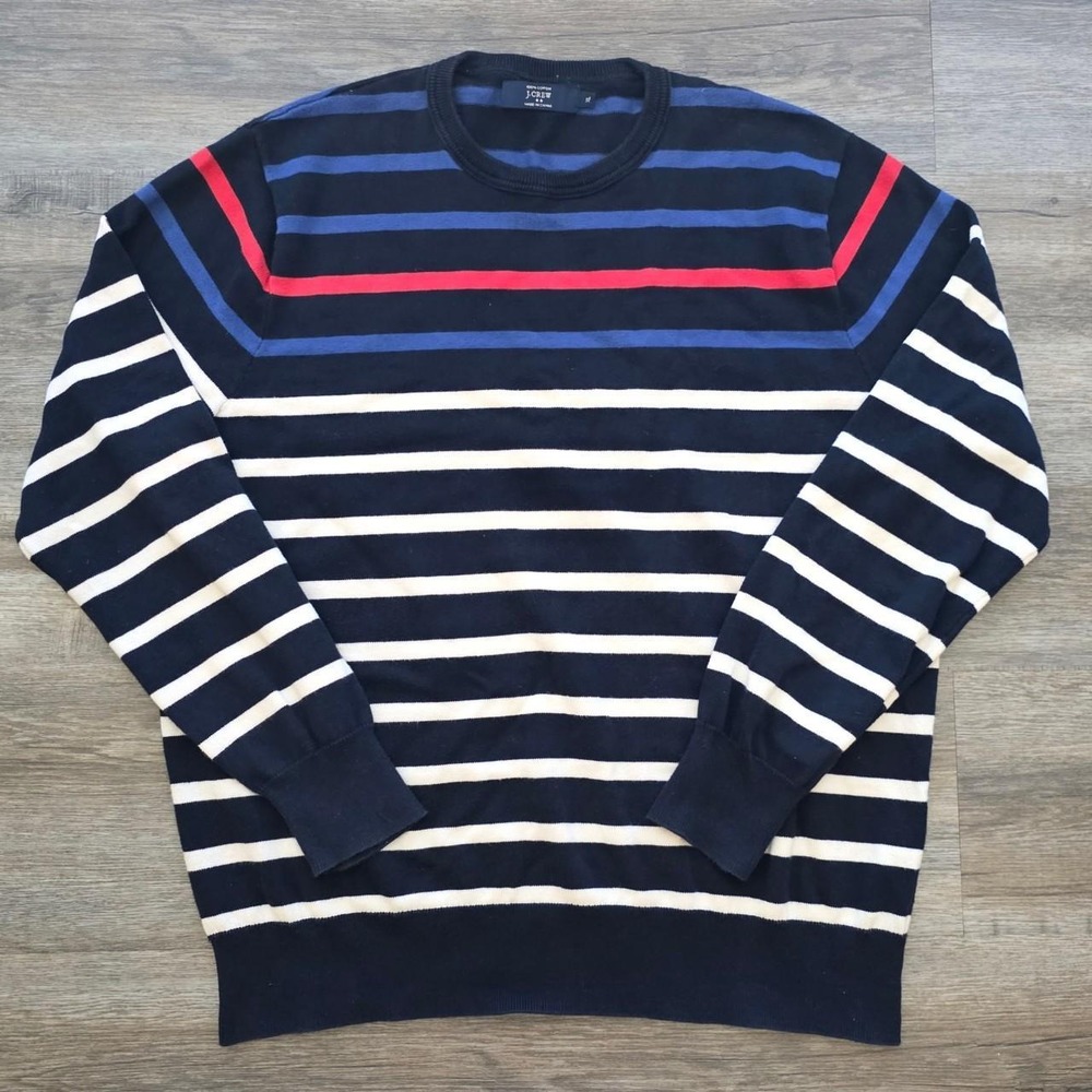 J.Crew Mens XL Striped Cotton Crewneck Sweater Navy Blue Red White Preppy